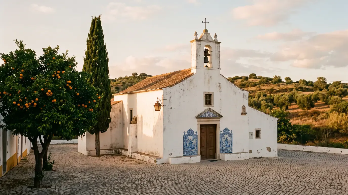 The whitewashed church of São Lourenço in Almancil with its bell tower and azulejo panels, an orange tree in the forecourt