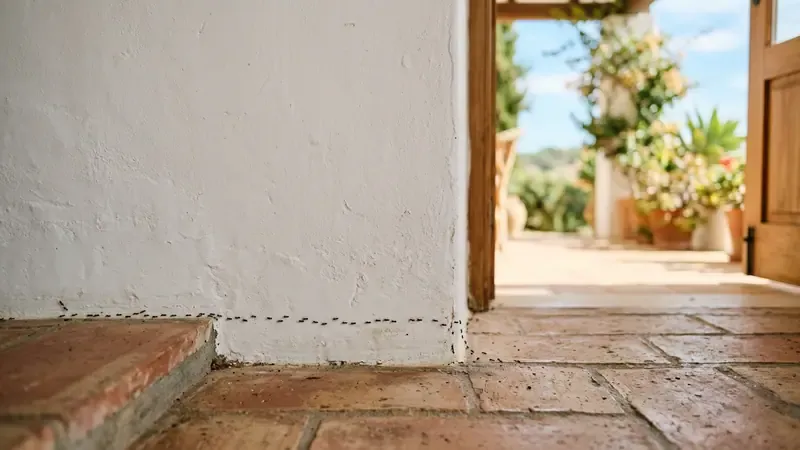Line of ants moving along the base of a wall indoors