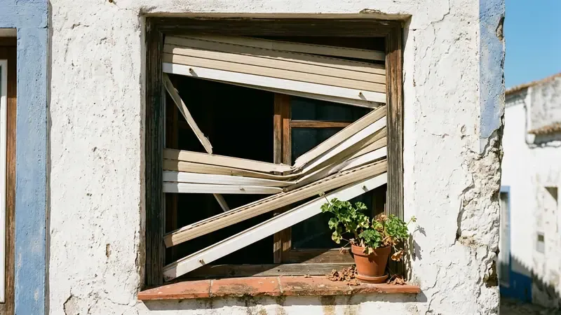 Broken shutter slats jammed at an angle in the window of a whitewashed house