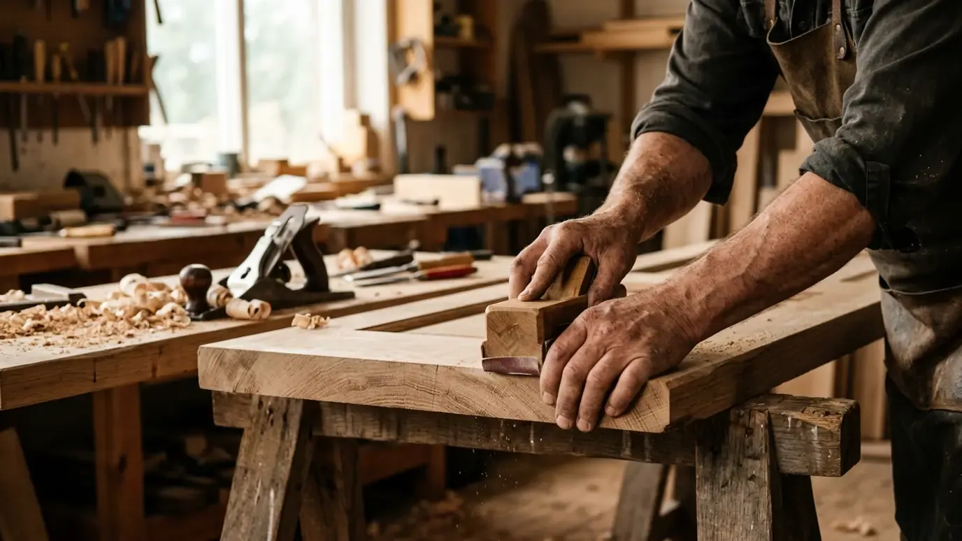 Weathered hands guiding a hand plane along a timber board on a workshop bench, with shavings around it