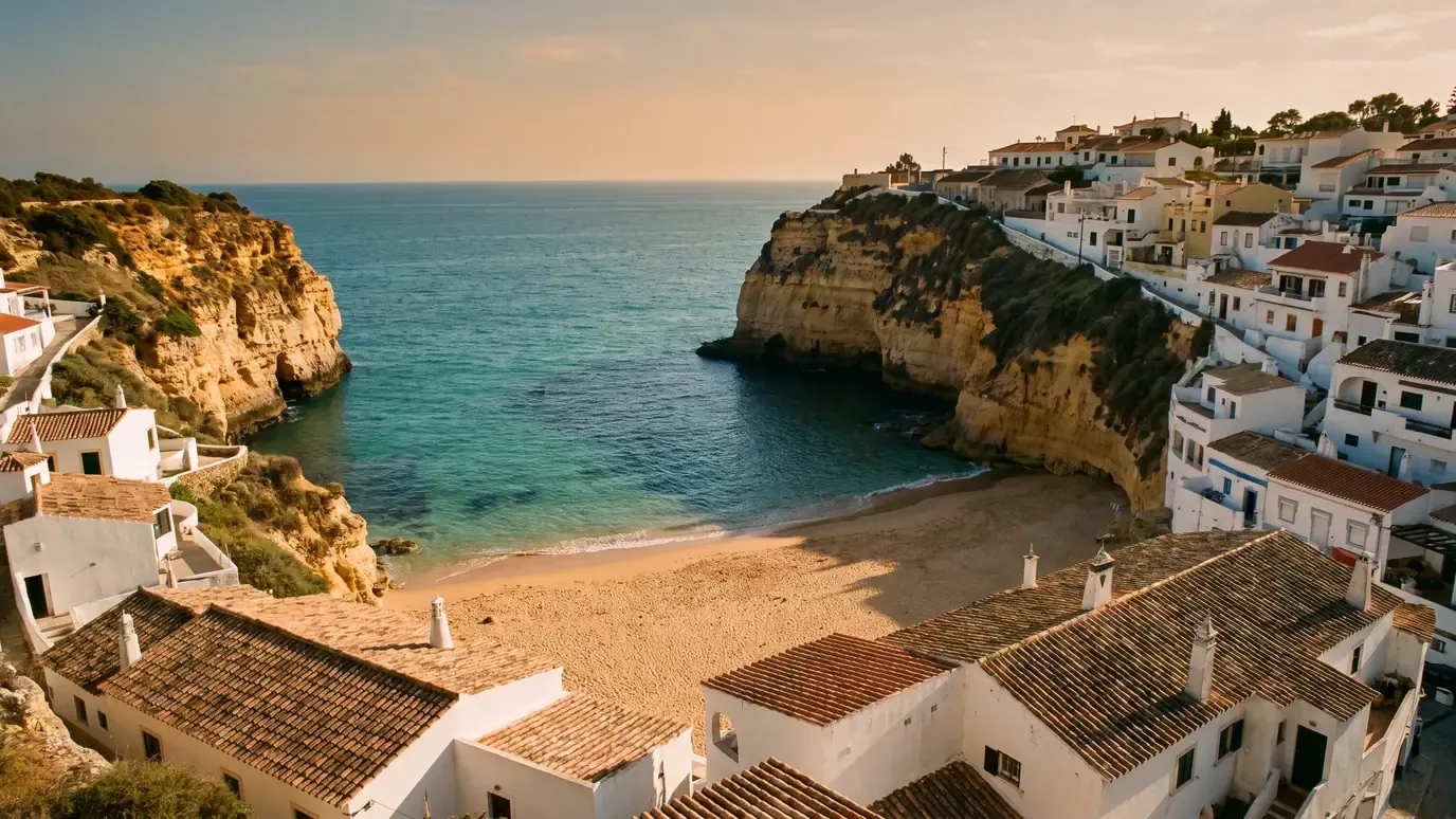 The small cove at Carvoeiro held between ochre cliffs, with whitewashed houses stacked on the slopes and turquoise water