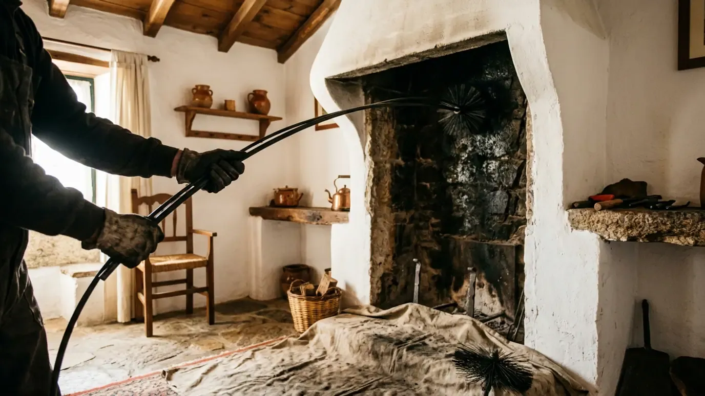 Brush rods being fed into a rustic fireplace with a dust sheet laid down
