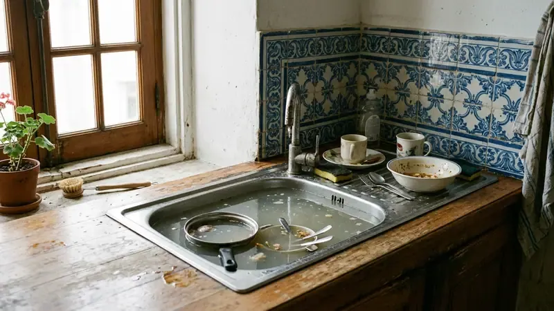 Greasy standing water in a stainless steel kitchen sink with dishes left in it