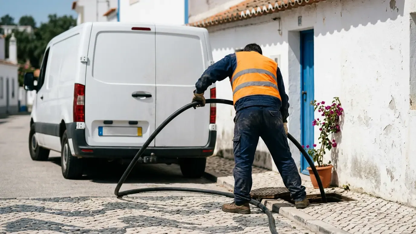 Jetting hose being fed into a street manhole beside a white van in an Algarve village