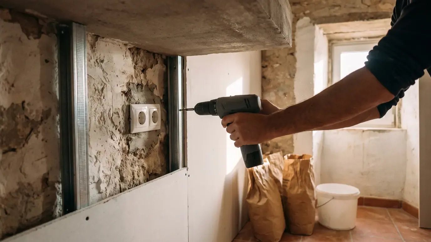 Bare forearms driving a screw into a plasterboard sheet fixed to steel channel profiles against a rough stone wall, with a double socket and paper sacks nearby