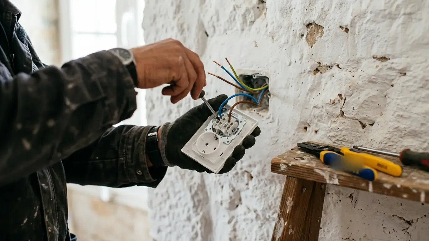 Electrician wiring a Schuko socket into a whitewashed stone wall, gloved hands on the faceplate