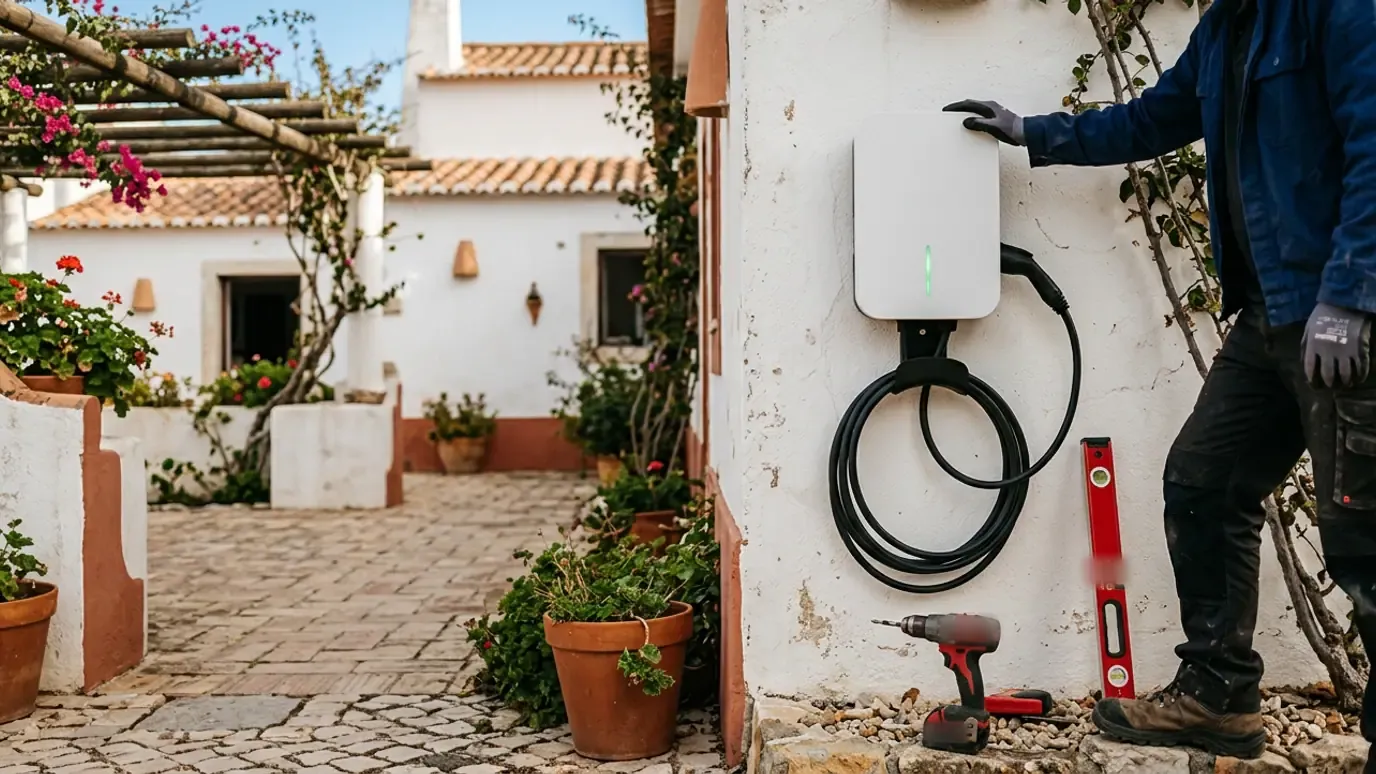 Wall mounted EV charge point with a coiled cable fitted to the exterior wall of an Algarve house