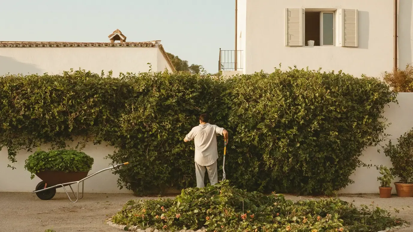 Person trimming a tall garden hedge beside a white Algarve house, with a wheelbarrow of cuttings on the gravel