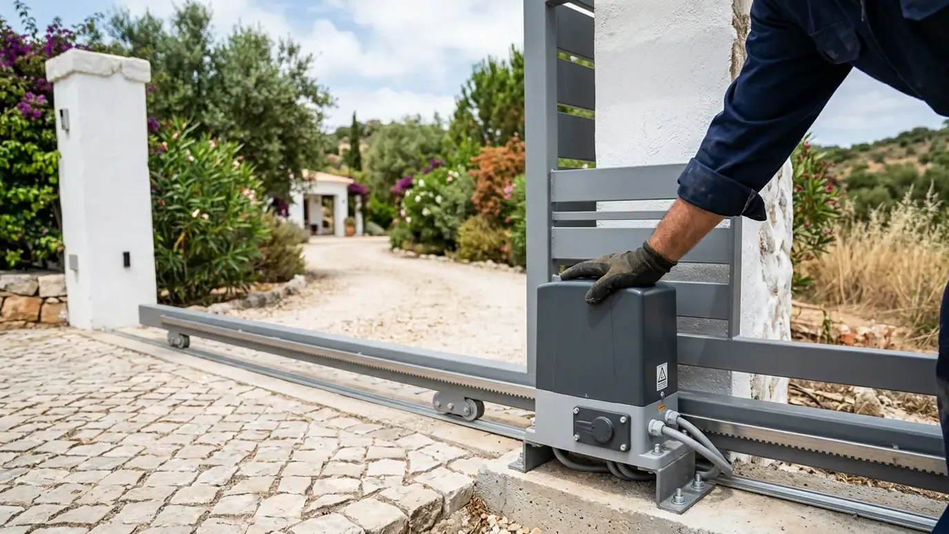 Gloved hand resting on the housing of a sliding gate motor beside the rack, at the entrance to an Algarve property