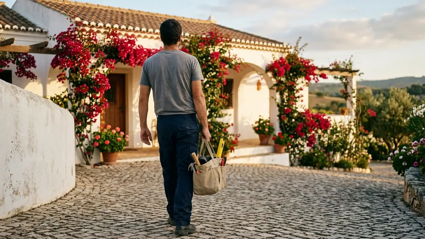 Tradesperson carrying a tool bag along a cobbled drive towards an Algarve villa