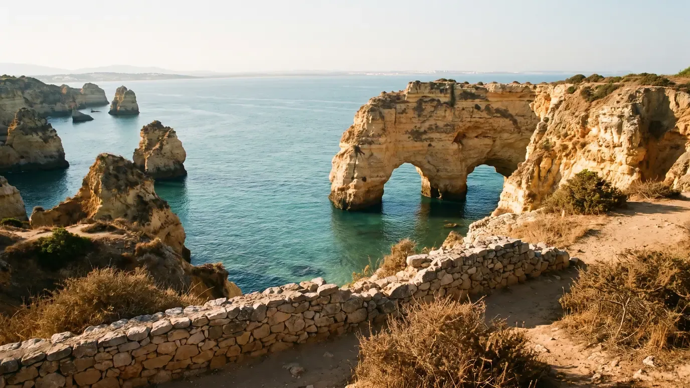 Ochre limestone sea stacks and a rock arch in turquoise water at Ponta da Piedade near Lagos, seen from the clifftop path