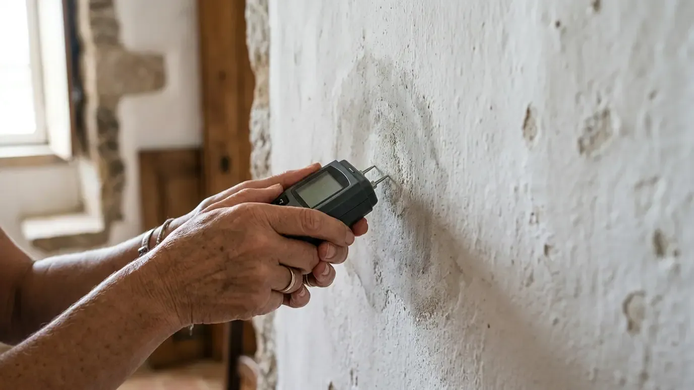 Moisture meter held against a damp plastered wall during a leak check