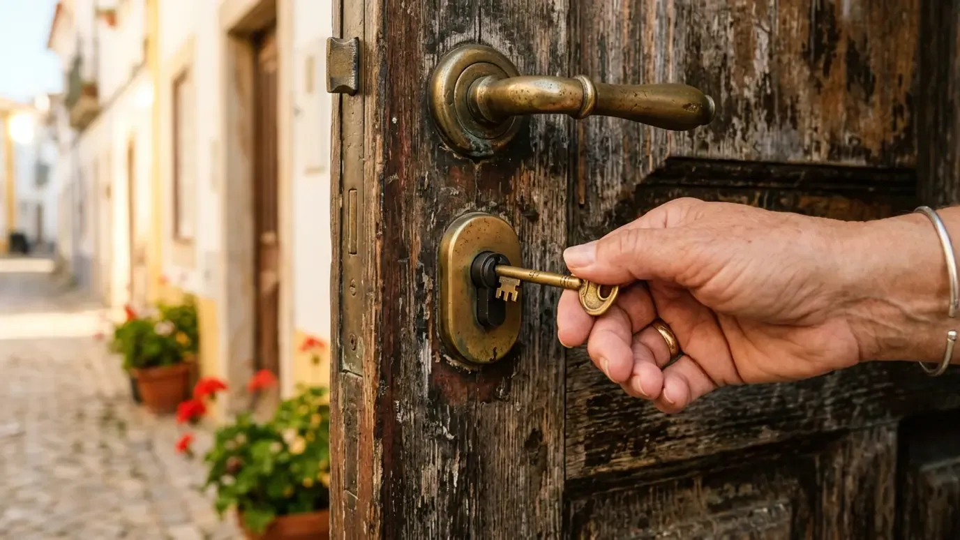 Hand turning a brass key in the lock of a weathered wooden door in an Algarve village street