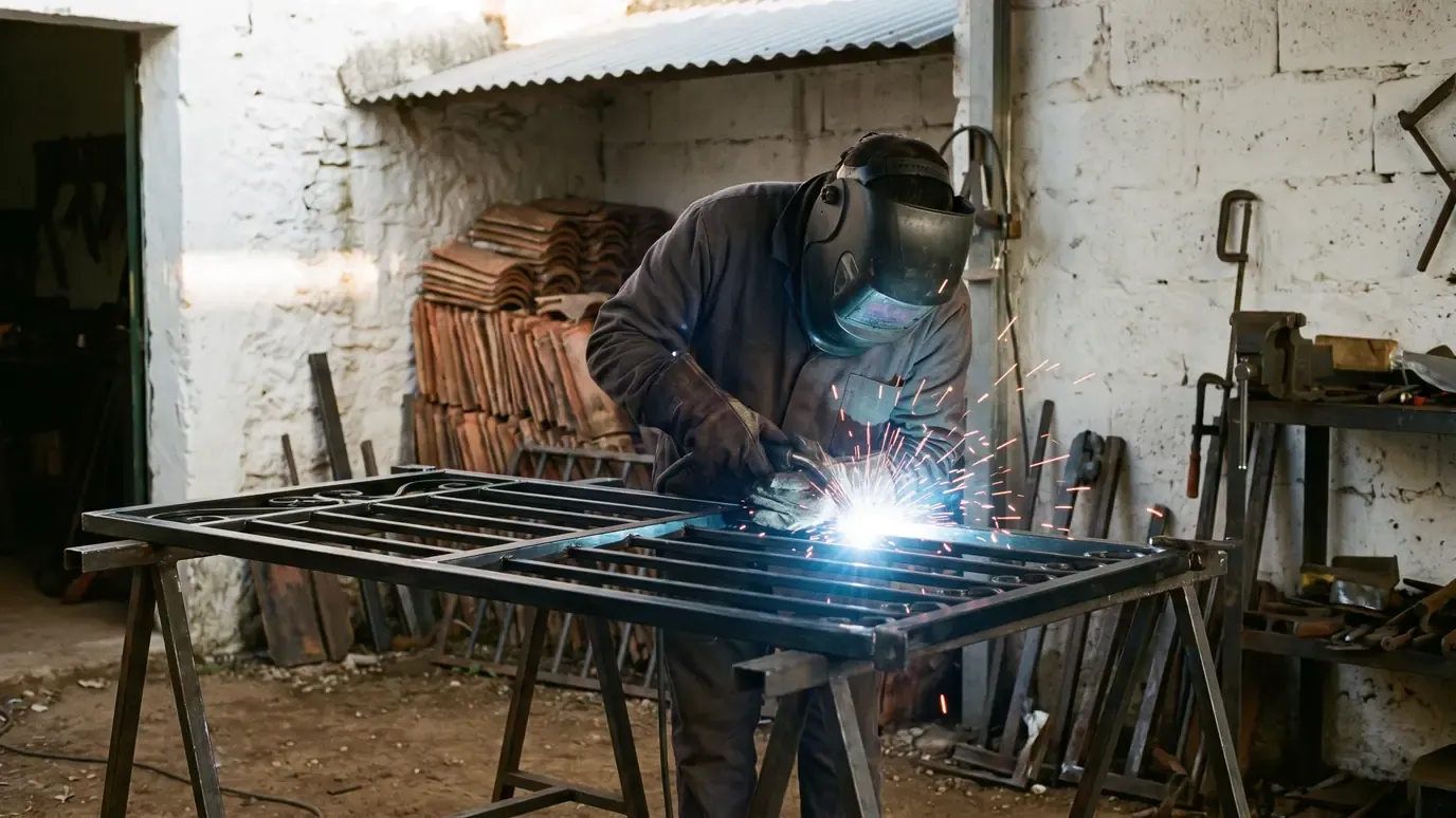 Welder in a full mask joining the bars of a steel gate laid on trestles in an open workshop, with a stack of roof tiles and a whitewashed wall behind