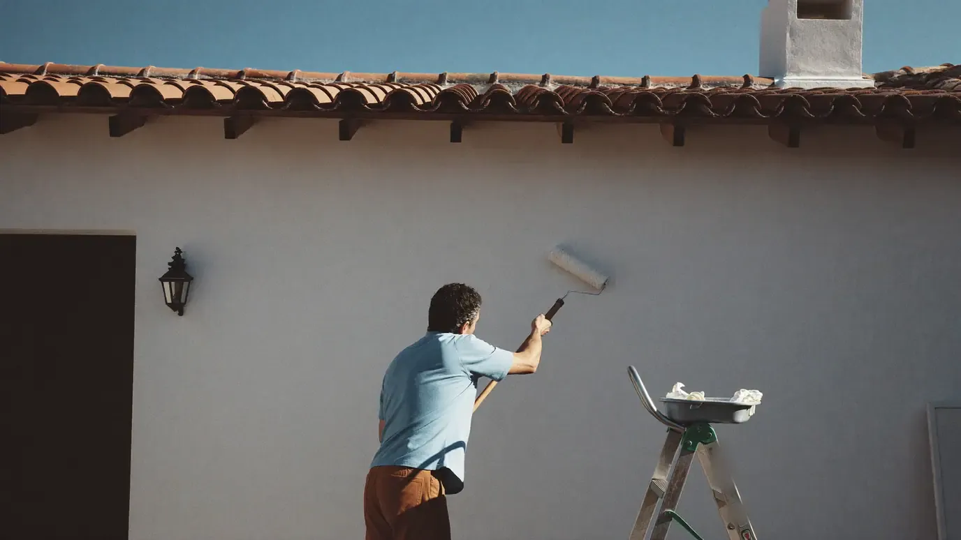 Person rolling paint onto the rendered exterior wall of a house with a terracotta tiled roof above