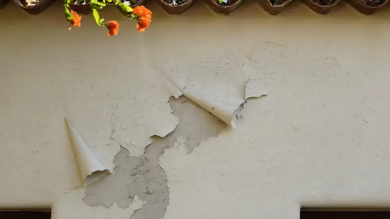 Paint peeling away from a villa wall exposing the render underneath