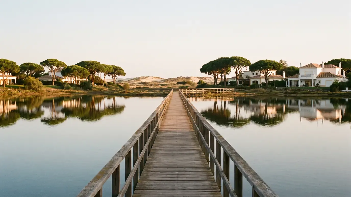 The wooden boardwalk crossing the still lake of the Ria Formosa towards the dunes at Quinta do Lago, umbrella pines at the edge