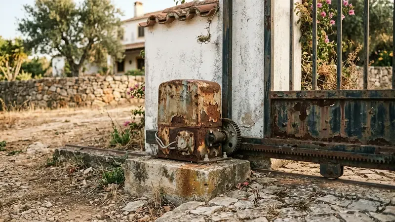 Heavily rusted sliding gate motor and toothed rack at the entrance to a rural property