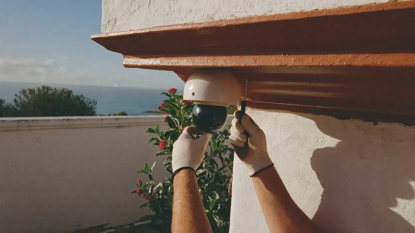 A worker's gloved hands fixing a white dome security camera under the painted cornice of a whitewashed house, with a flowering shrub, a garden wall and the sea behind