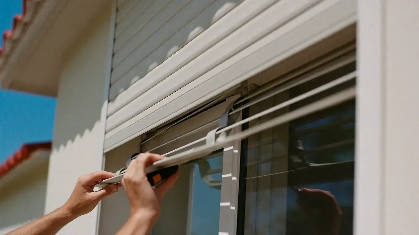 Hands working on the slats of a white roller shutter above a window on a whitewashed wall