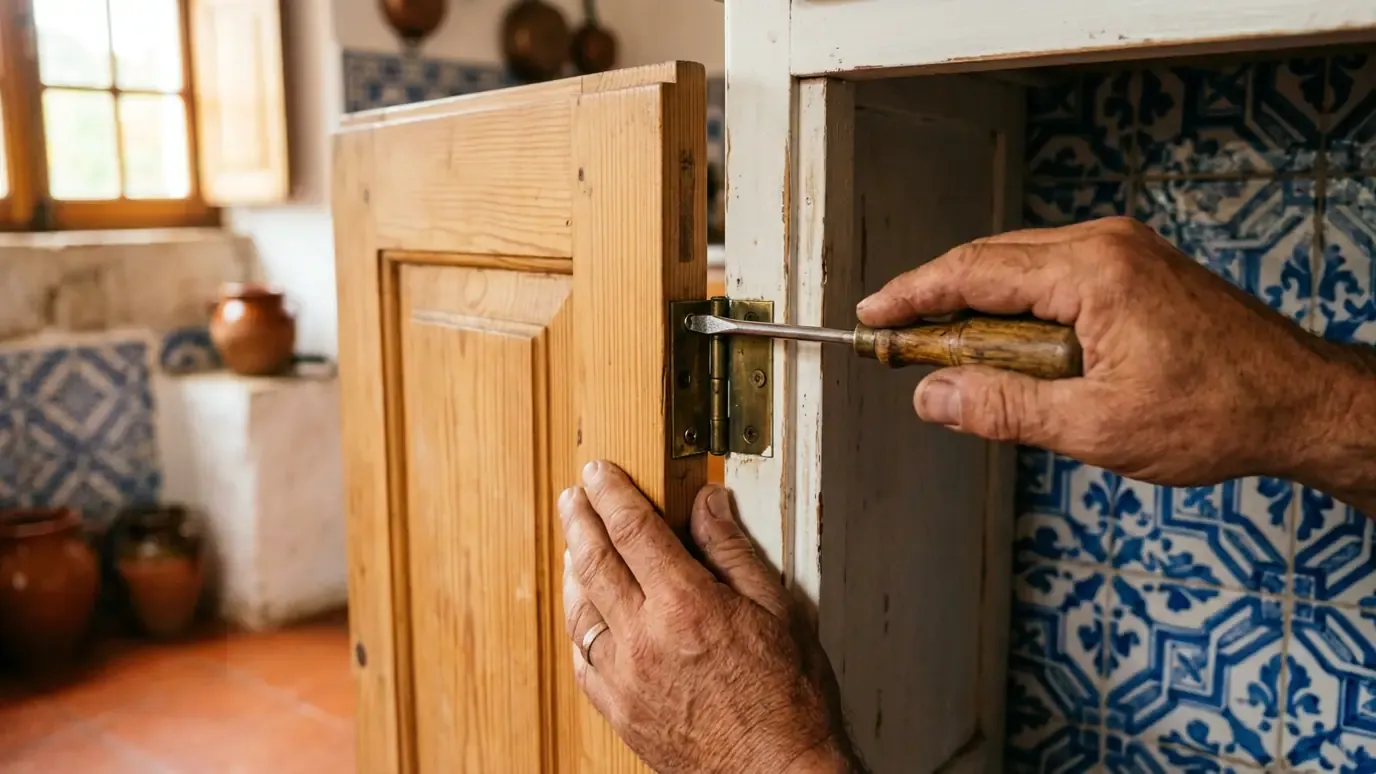 Weathered hands tightening a cabinet hinge in a rustic kitchen with azulejo tiles behind