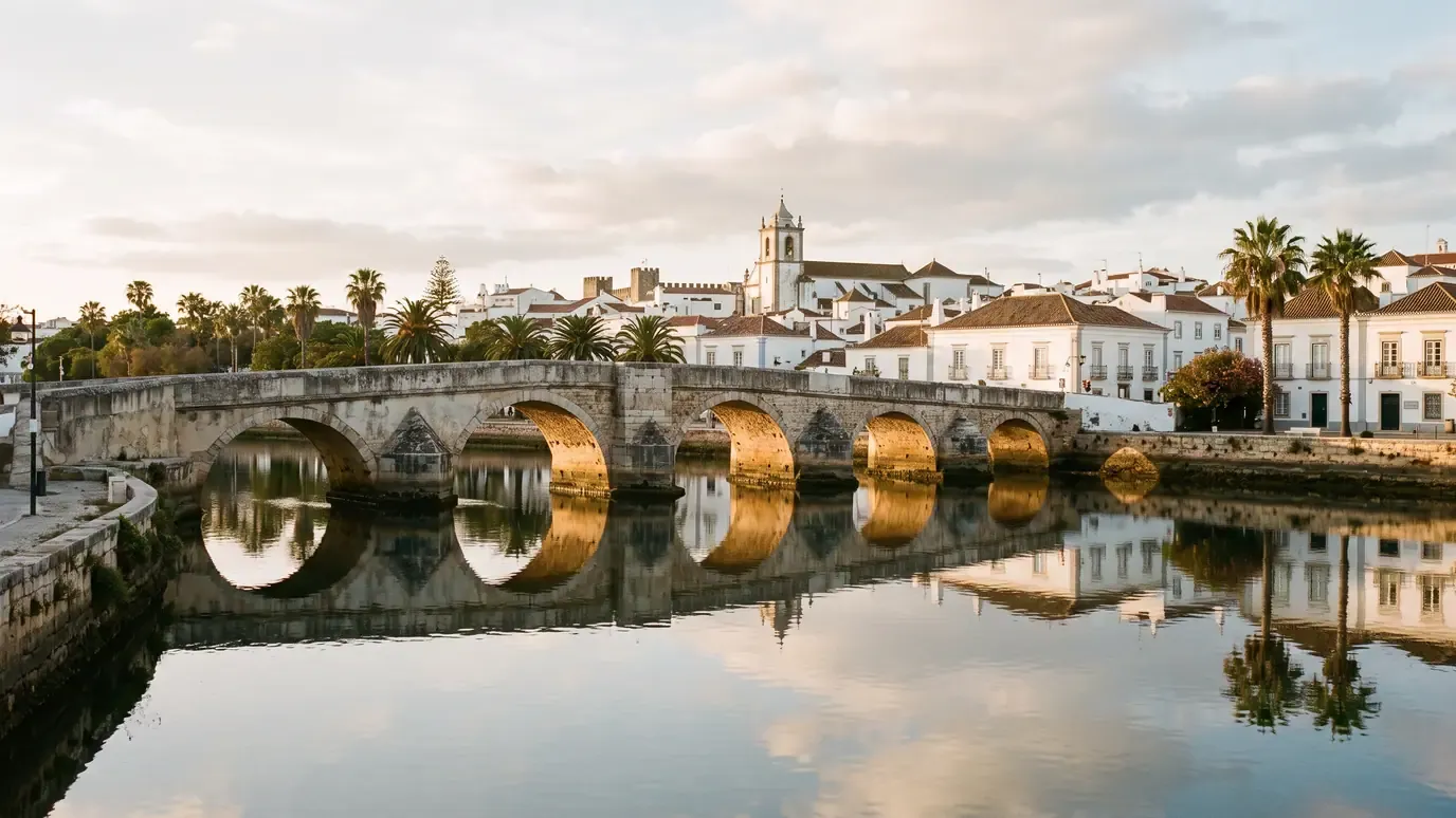 The old stone bridge over the river Gilão in Tavira with whitewashed houses and a church tower reflected in still water
