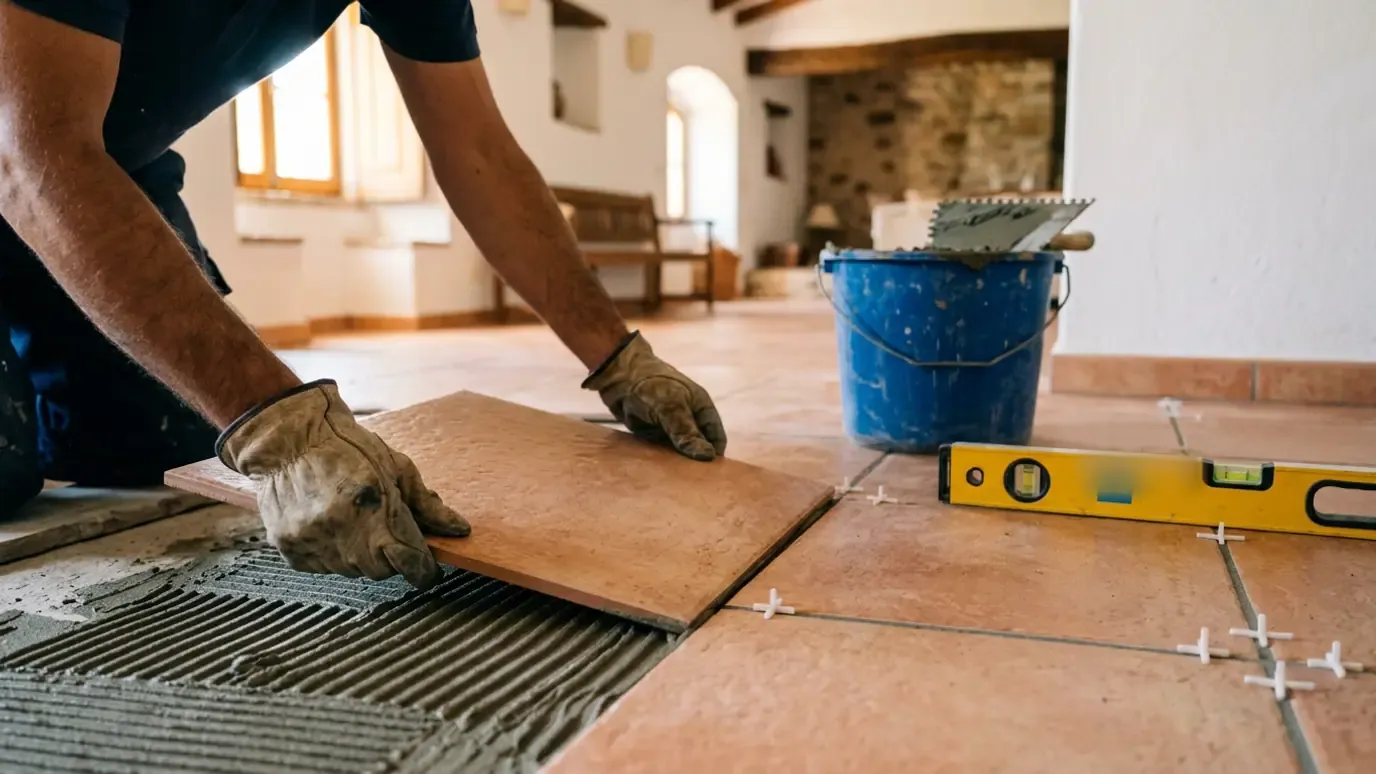 Gloved hands setting a large floor tile onto combed adhesive with spacers in place