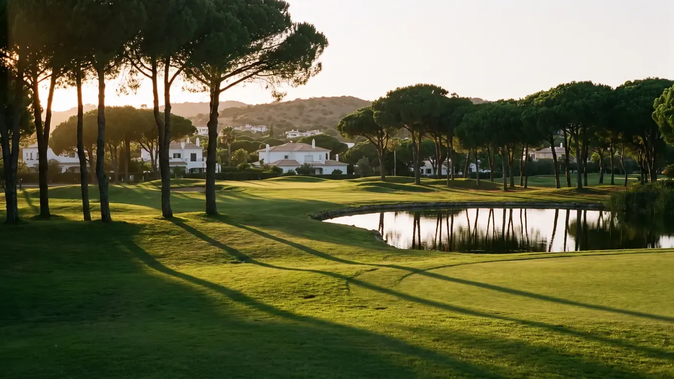 A golf fairway edged with umbrella pines and whitewashed villas beside a still lake in Vilamoura in late light