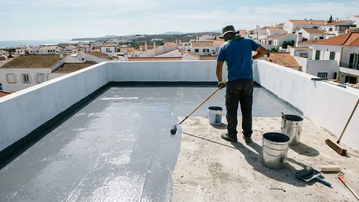 Waterproofing membrane being rolled out across a flat terrace above the sea