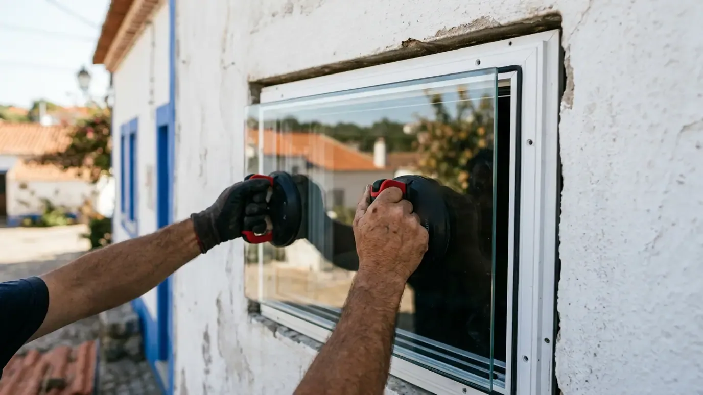 Ventosas de vidraceiro a colocar um vidro num aro de janela, numa casa caiada de aldeia